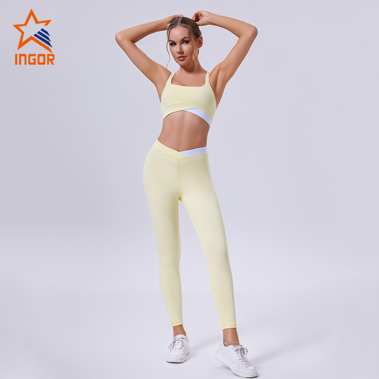 OEM ODM Custom Damen Kontrast-Yoga-BH + Cross-Leggings-Sport-Sets 5