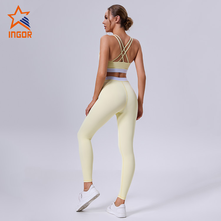OEM ODM Custom Damen Kontrast-Yoga-BH + Cross-Leggings-Sport-Sets 4