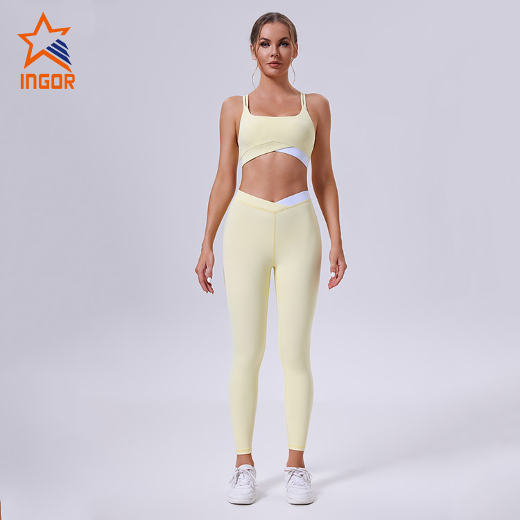 OEM ODM Custom Damen Kontrast-Yoga-BH + Cross-Leggings-Sport-Sets 1