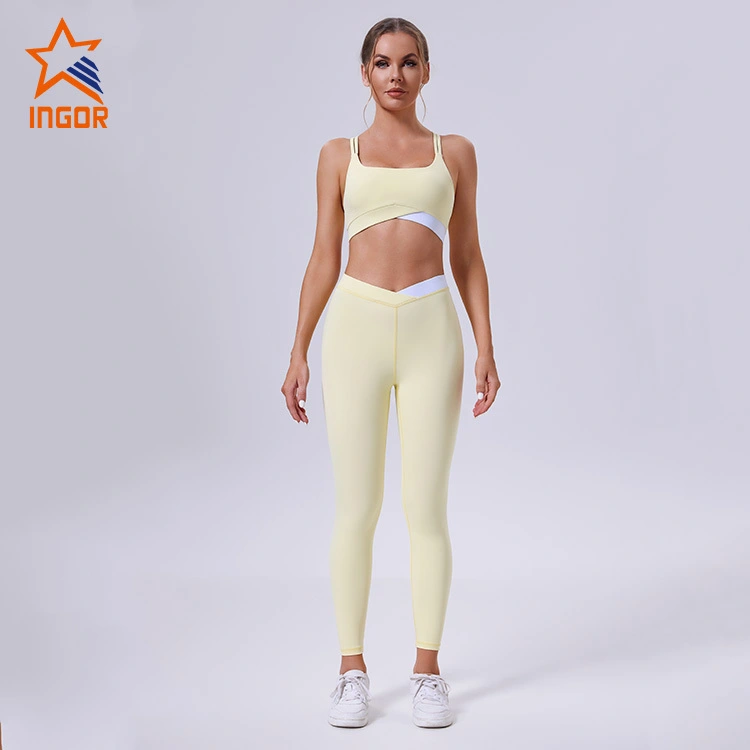 Reggiseno yoga a contrasto da donna personalizzato OEM ODM + set sportivi con leggings incrociati 1