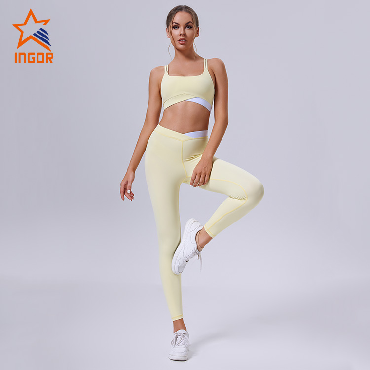 OEM ODM Custom Damen Kontrast-Yoga-BH + Cross-Leggings-Sport-Sets 6