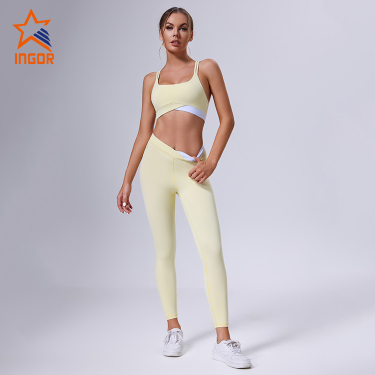 OEM ODM Custom Damen Kontrast-Yoga-BH + Cross-Leggings-Sport-Sets 2