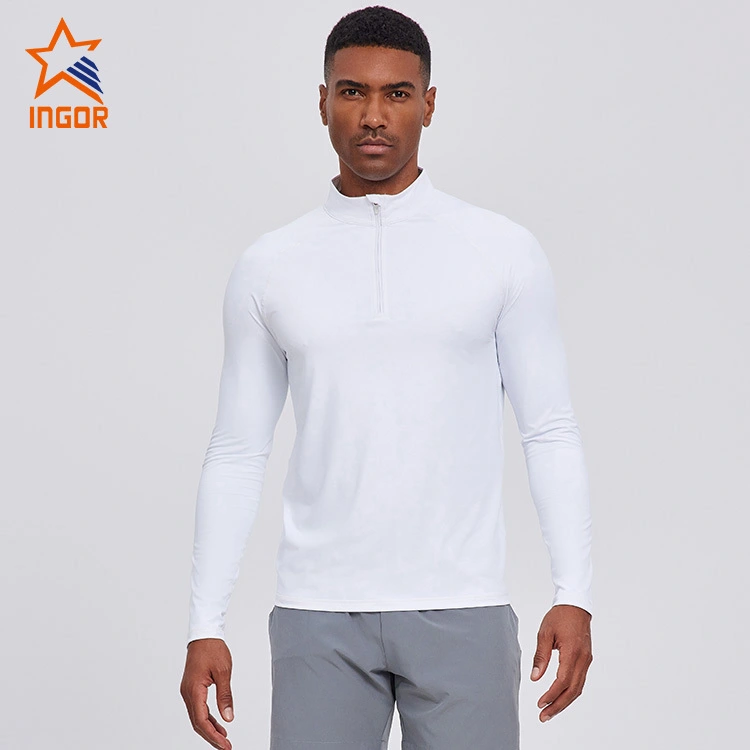 Op maat gemaakte heren snel drogende rits sport gym lange mouw t-shirt 1