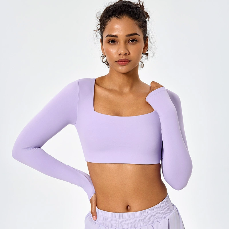 Sport Yoga Gym Långärmad T-shirt Bar Känsla Hög Resår Med Tumhål 1