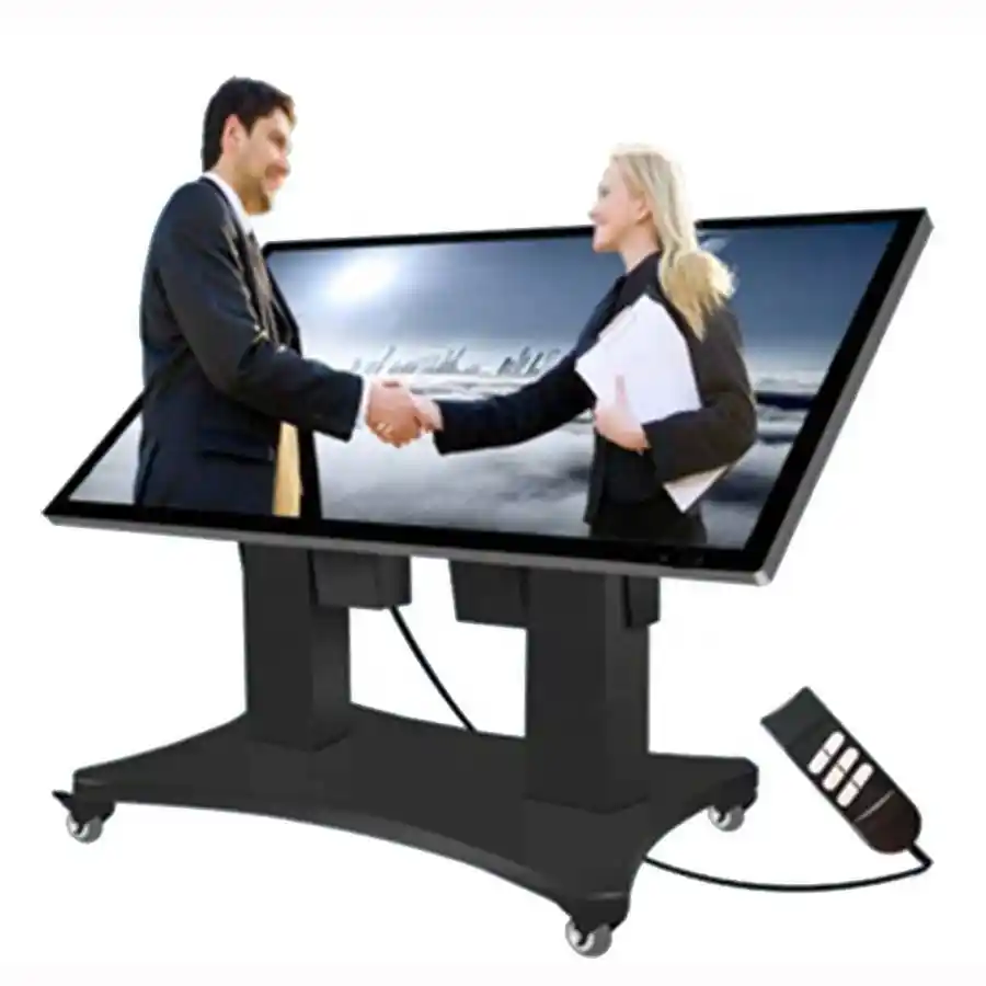 Soporte de suelo con elevación eléctrica y estantes de exhibición con ruedas giratorias y móviles para pantalla táctil interactiva LCD de 32 ~ 65 1