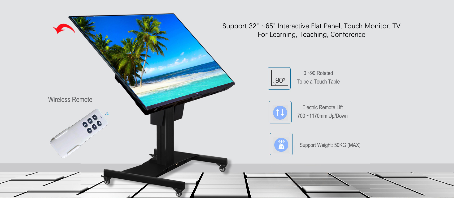 China Factory Wireless Electric Auto Lift Flip TV Cart Floor Standing Mobile TVs Motorized Monitor Stand