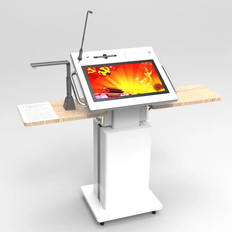 2021 Best Intelligence LED 21.5 All In One Touch Screen Smart Lift Adjustable Digital Podium Kiosk with Mic Speaker 1