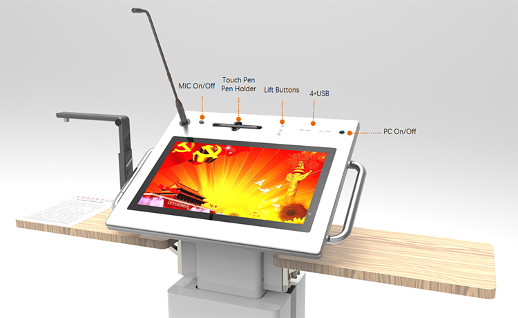 2021 Best Intelligence LED 21.5 All In One Touch Screen Smart Lift Adjustable  Digital Podium Kiosk with Mic Speaker