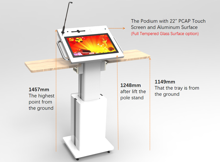 2021 Best Intelligence LED 21.5 All In One Touch Screen Smart Lift Adjustable  Digital Podium Kiosk with Mic Speaker