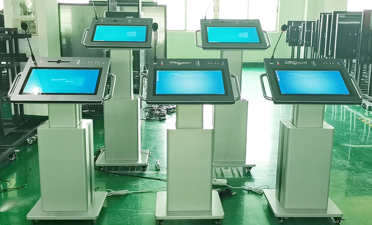 2021 Best Intelligence LED 21.5 All In One Touch Screen Smart Lift Adjustable  Digital Podium Kiosk with Mic Speaker