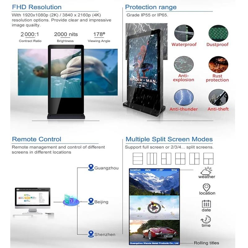 IP55 IP65 Outdoor Advertising Display 2500Nits Brightness LCD Advertising Display 75inch Floor Stand Outdoor Poster