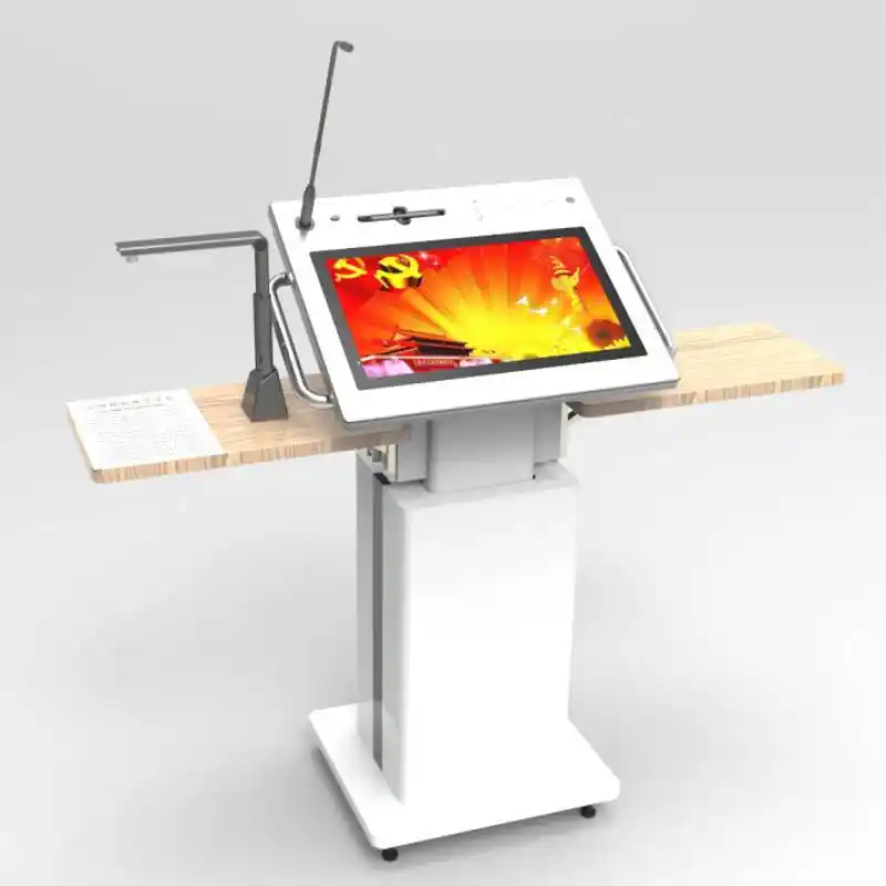 2022 Best Intelligence LED 21.5 All In One Touch Screen Smart Lift Adjustable Digital Podium Kiosk with Mic Speake 1