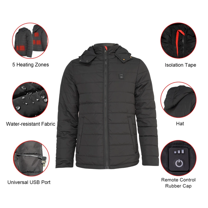 men women black customized winter outwear coats hooded heated jacket 5V battery USB power bank heated hoodie coat jacket 1