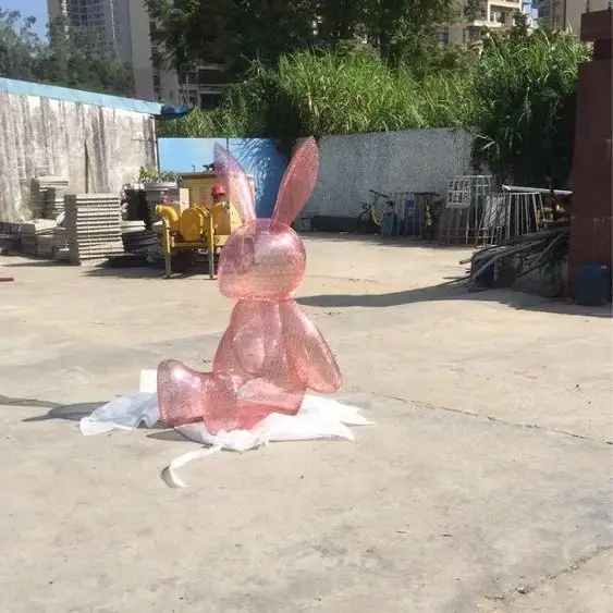 Stainless Steel Metal Pink Lovely Animal Rabbit Sculpture For Shop Deco 1