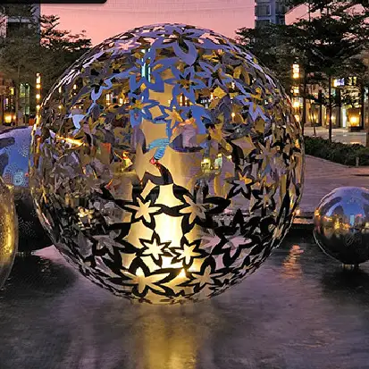 Steel Leaf Flower Sphere Sculpture Engraved Steel Hollow Sphere For Outdoor Decoration 1