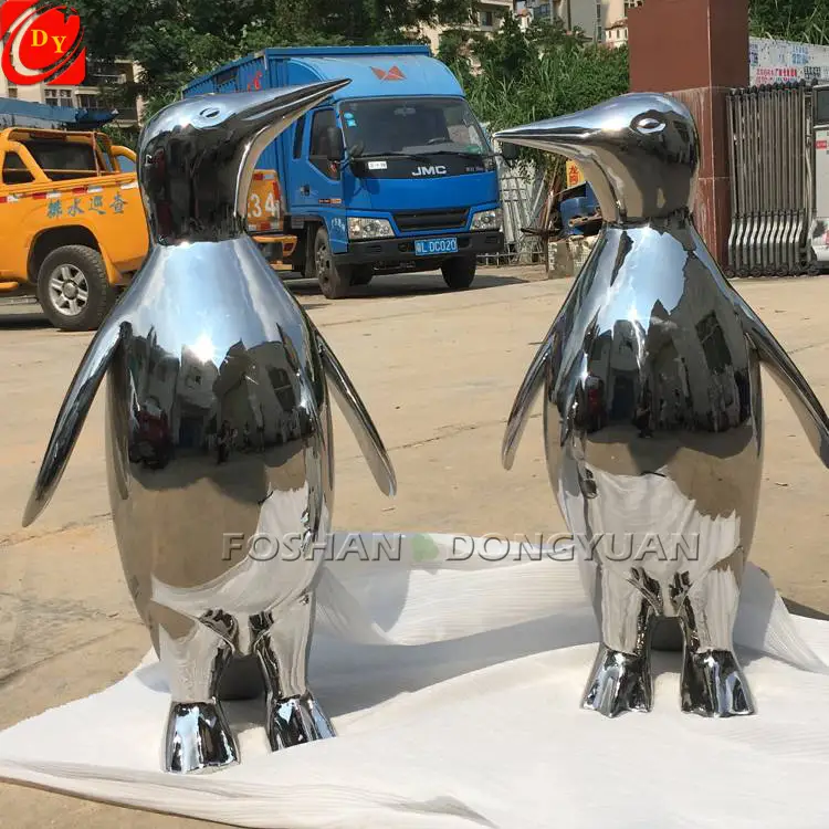 Custom Mirrored Polished Metal Penguins Sculpture for Sale, Modern Animal Decor 1
