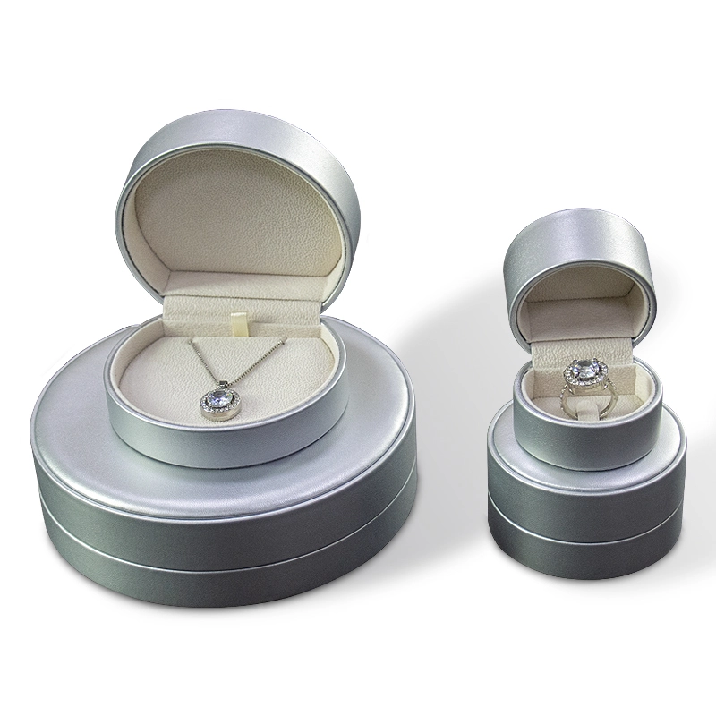 High End Semi-circular Gray PU Leather Luxury Jewelry Box with Custom logo Velvet Finish Necklace PVC PC Material Jewelry Box 1