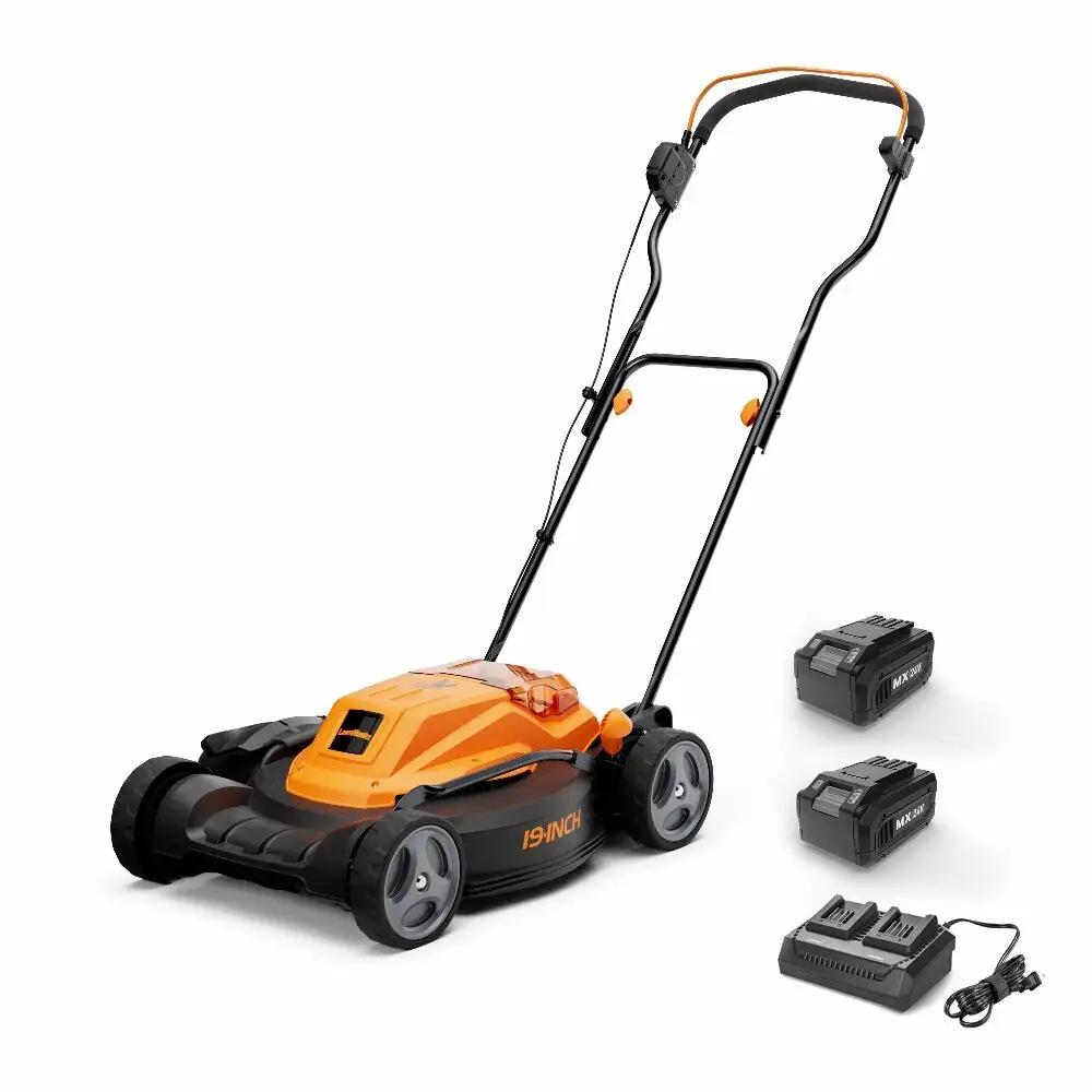 LawnMaster CLMF4819X Cortacésped inalámbrico sin escobillas de 48 V MAX* de 19 pulgadas con batería de 2 x 24 V MAX* de 4,0 Ah y cargador doble con 6 posiciones de corte 1