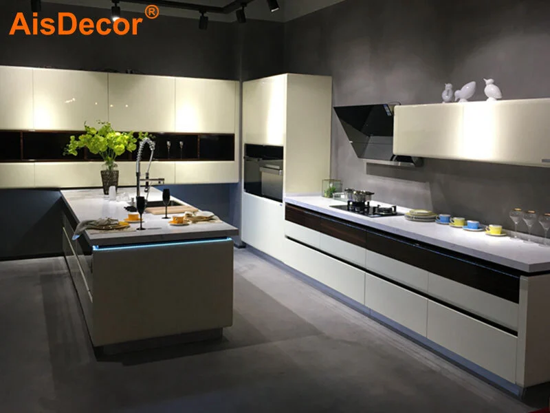 Ivory White Built-in LED Light Lift Up door Kitchen 1
