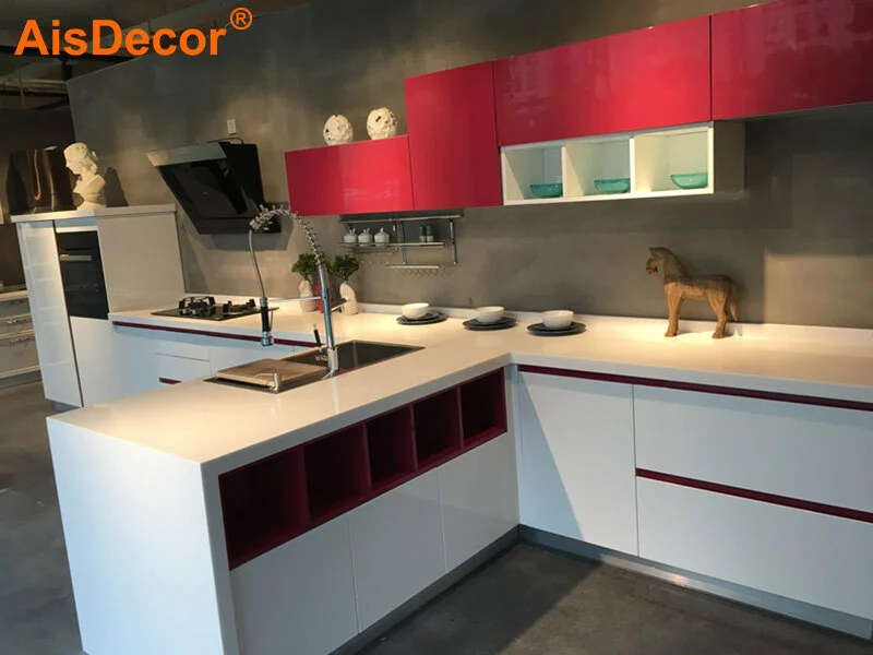 Red and White Small Apartment Modern Kitchen 1