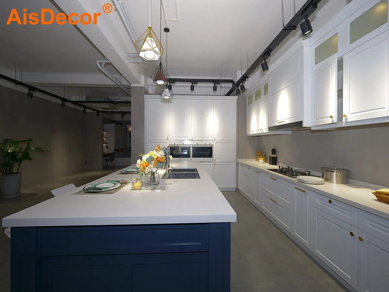 Contemporary White Cherry Wood Kitchen with Blue Island 1