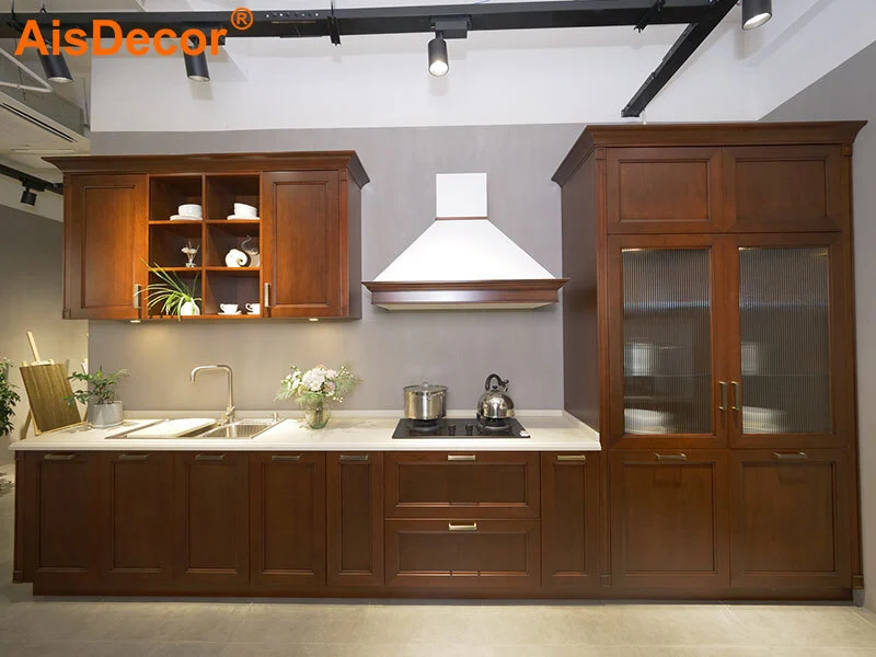 Linear Style Classic Cherry Wood Kitchen with Glass Door Pantry 1