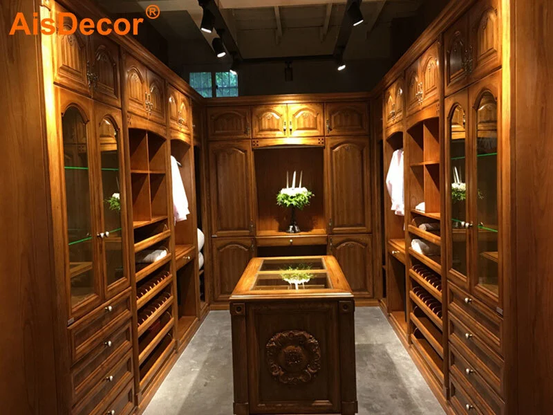 Luxury Oak Solid Timber Walk-in Closet with Glass Countertop Island 1