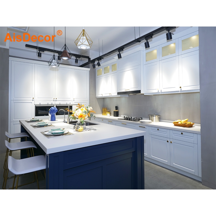 Top Quality Wholesale White Solid Wood Kitchen Cabinet With Blue Island 2