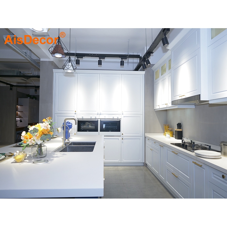 Top Quality Wholesale White Solid Wood Kitchen Cabinet With Blue Island 3