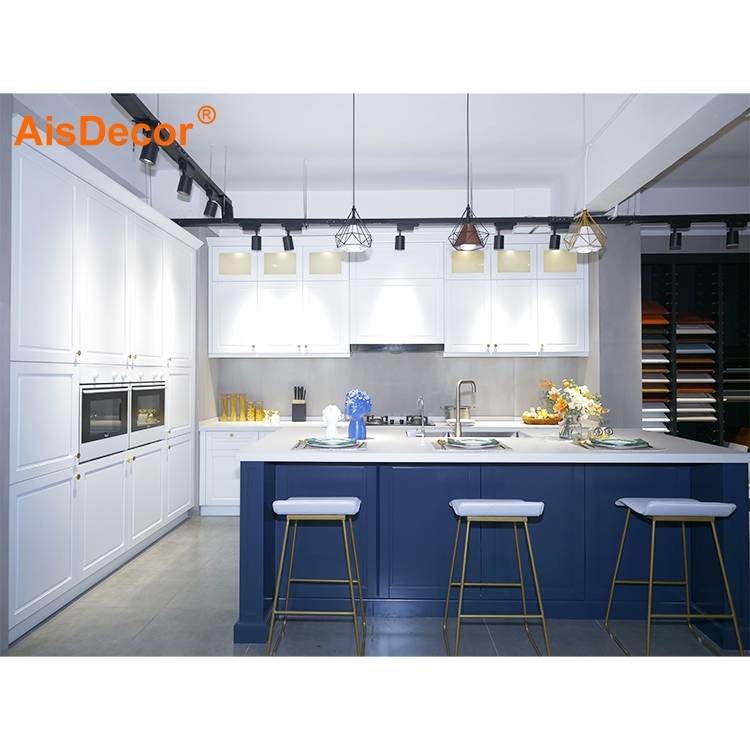 Top Quality Wholesale White Solid Wood Kitchen Cabinet With Blue Island 4