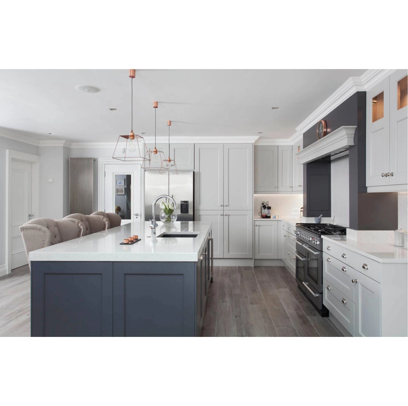 White L Shape Solid Wood Kitchen Cabinet With Island Customized 1