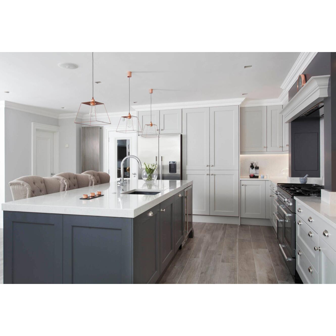 White L Shape Solid Wood Kitchen Cabinet with Island Customized | Aisdecor