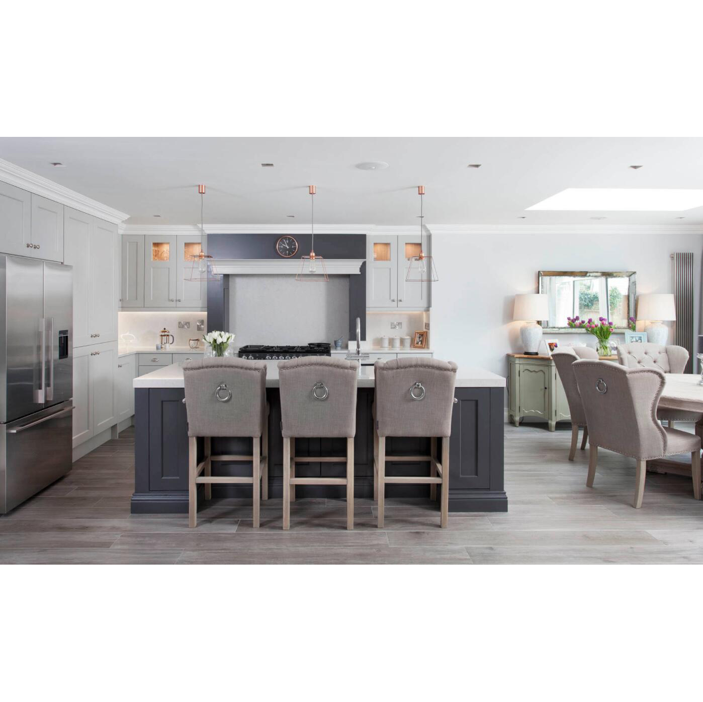 White L Shape Solid Wood Kitchen Cabinet with Island Customized | Aisdecor