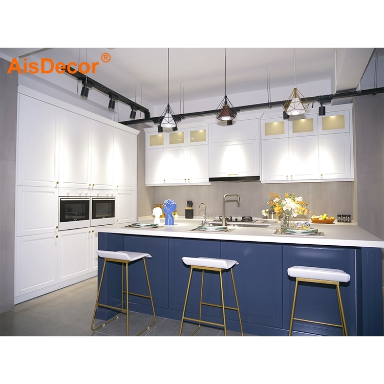 Top Quality Wholesale White Solid Wood Kitchen Cabinet With Blue Island 1