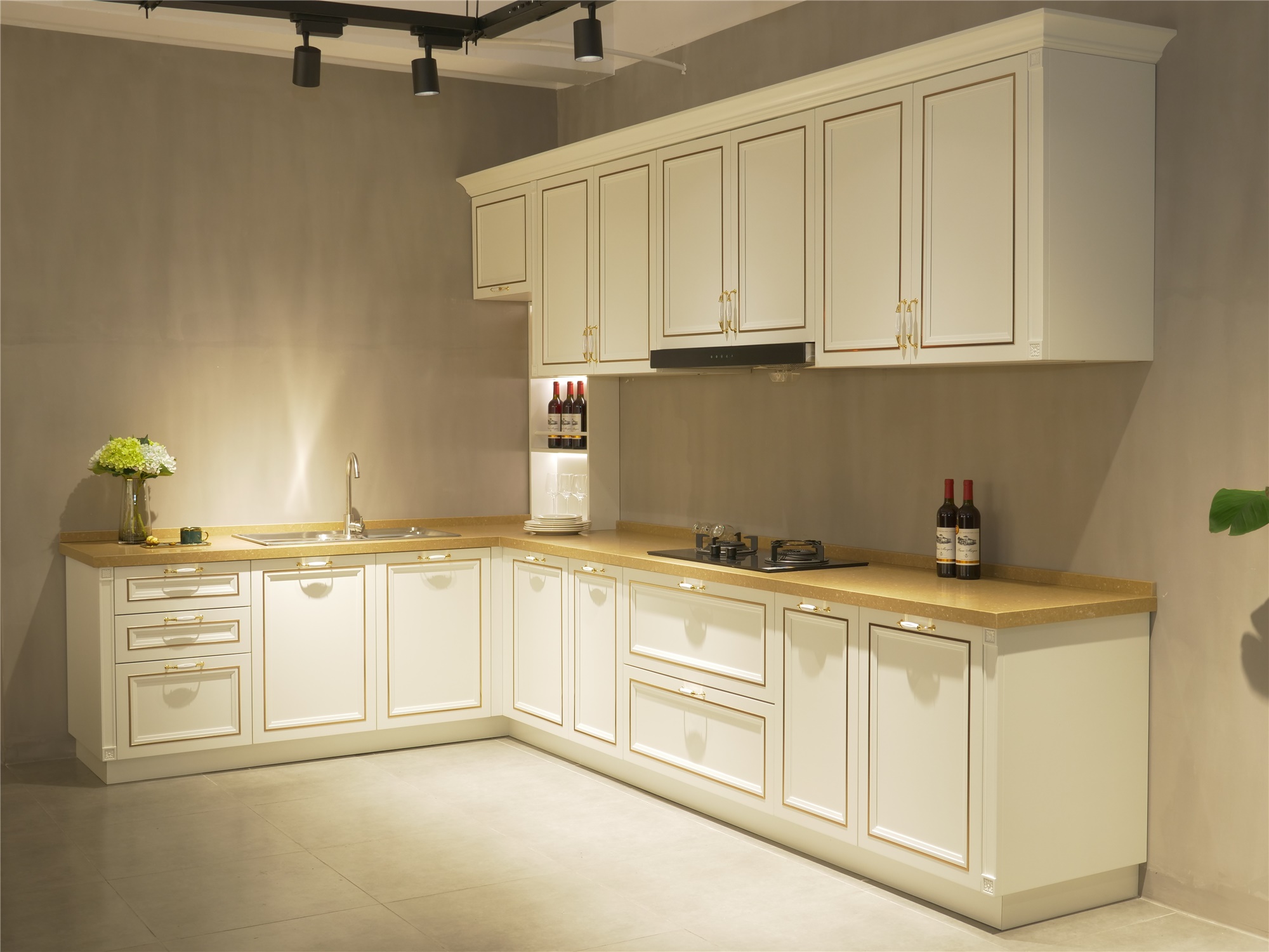 Luxury White L Shape Solid Wood Kitchen Cabinet | Aisdecor