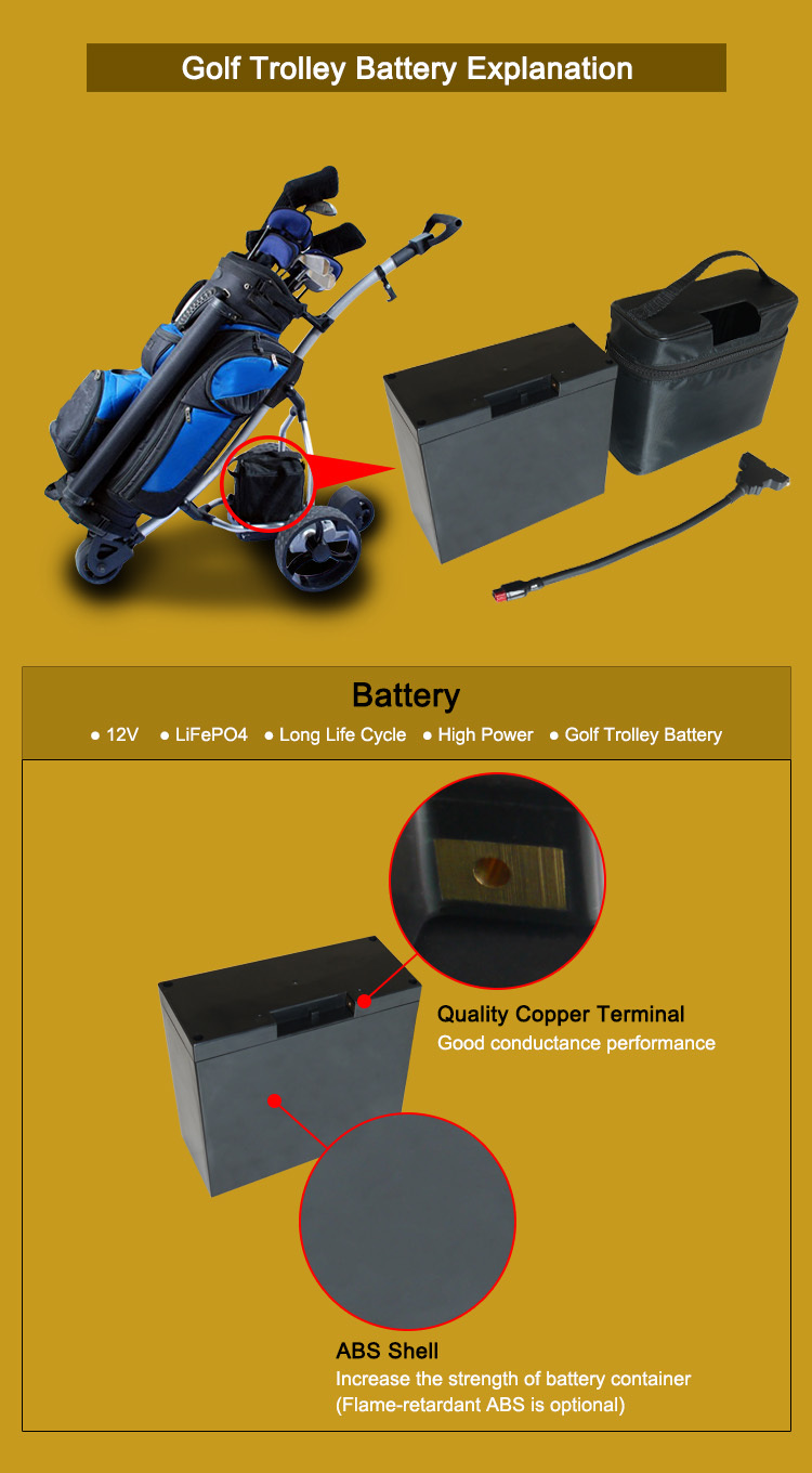 Cycle Life >2000 cycles 12V 22Ah LiFePO4 Electric Golf Trolley Lithium Battery With T-Bar Connector, Bag and Charger 10