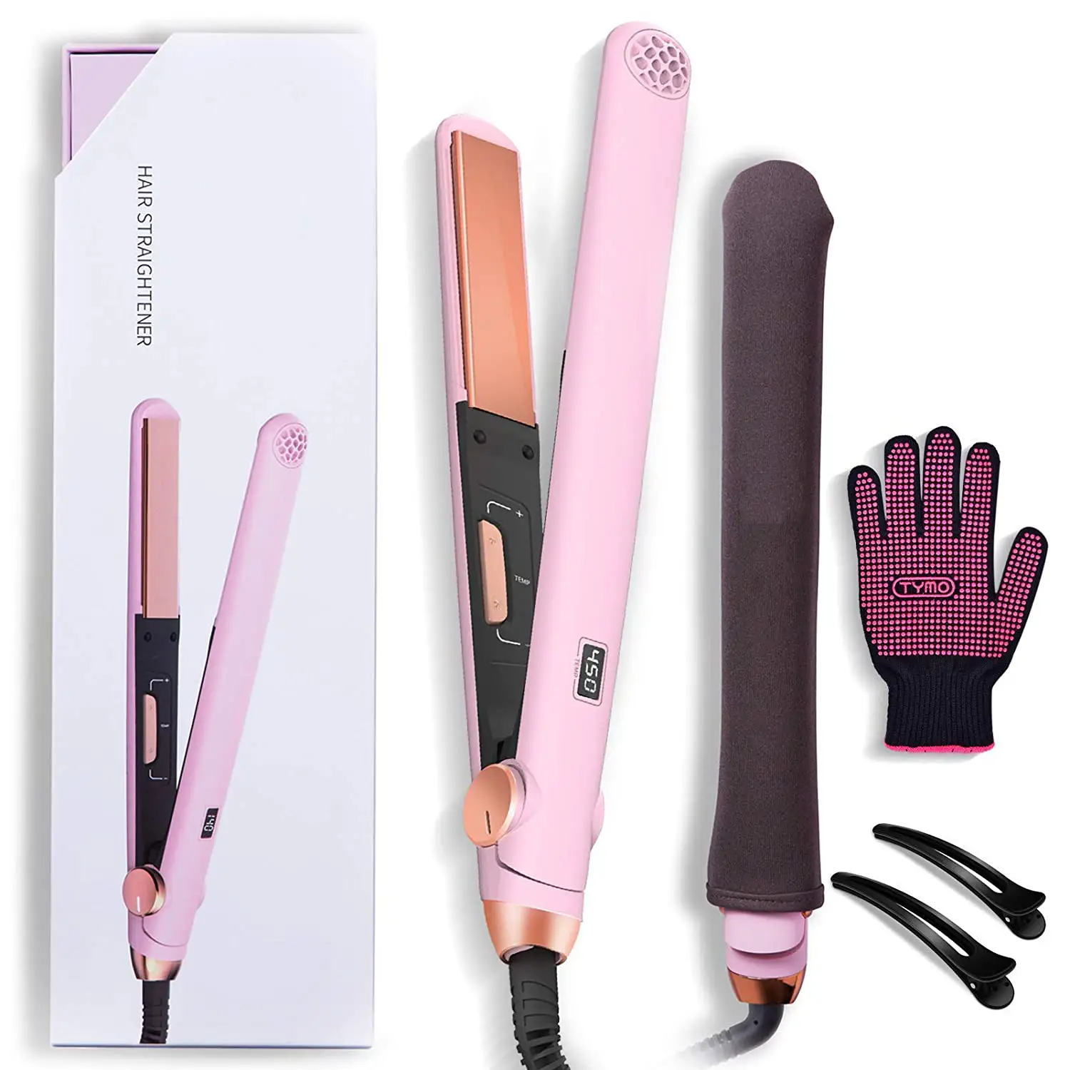 Plancha alisadora de pelo profesional FP-031 de titanio, color rosa, que alcanza las 450 °F y protege contra quemaduras. 1