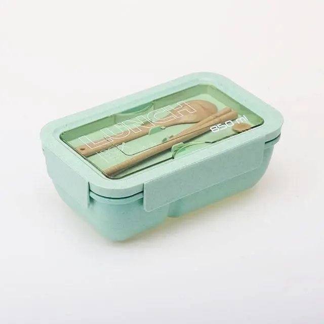 Wheat straw material microwavable bento style lunch box with spoon and chopsticks 1