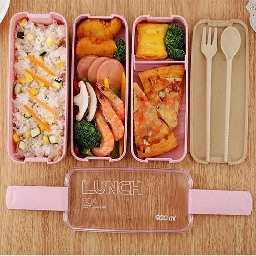 3-LAYER WHEAT STRAW LUNCH BOX & SPOON & FORK 900ML BENTO BOX 1