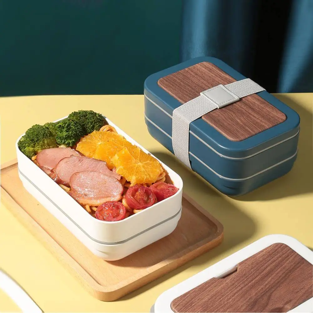 High Quality Wood Grain Strap Double Layer Bento Box (Rectangle) Wholesale-HongXing 1