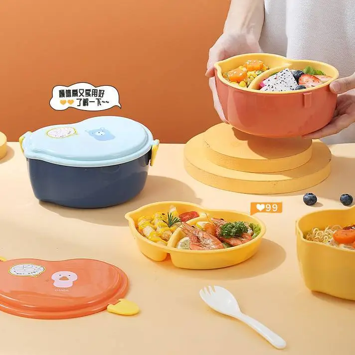 Blue Lunch Box with Cute Bear Pattern, Built-in Spoon 1