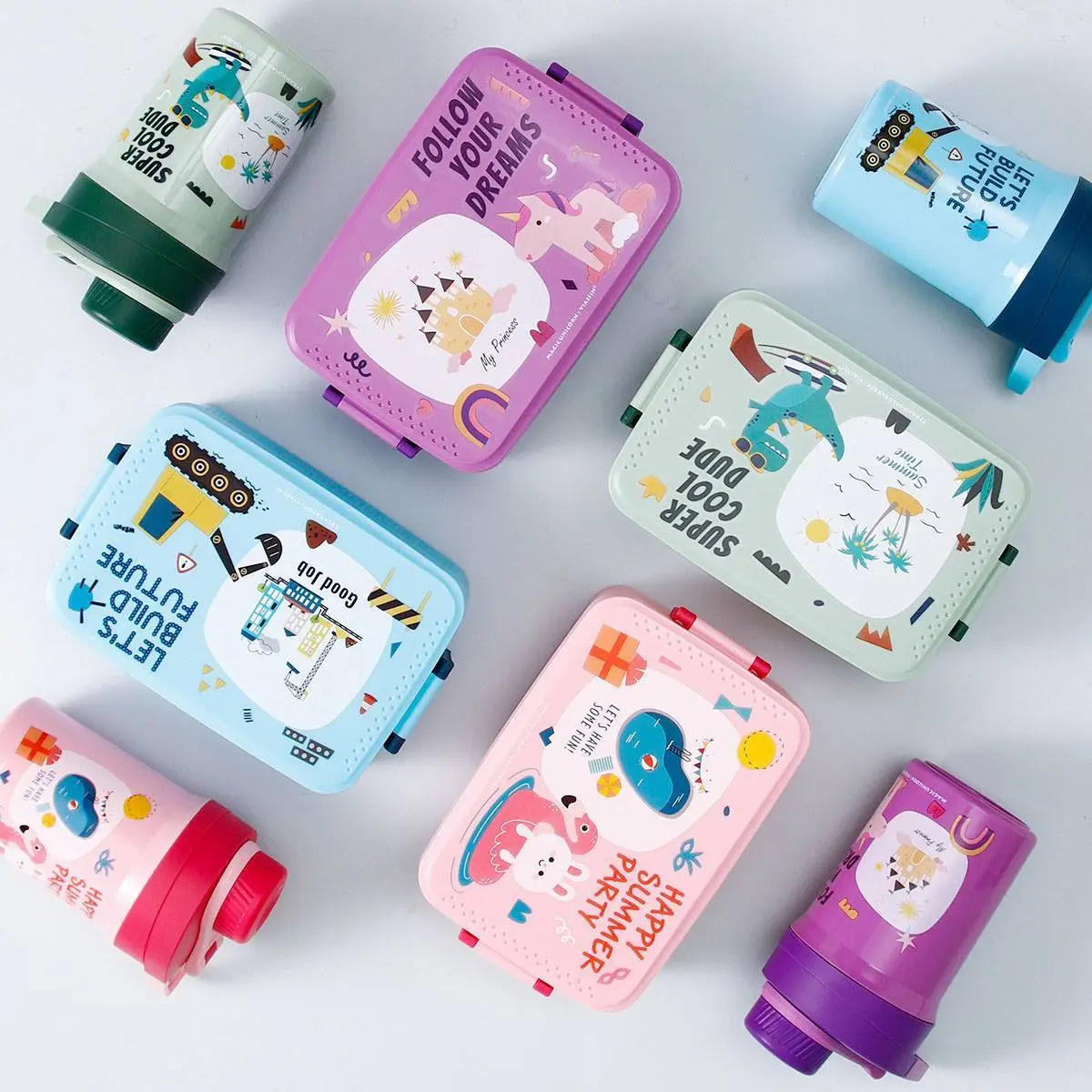 Double Layered Children's Cartoon Colorful Lunch Box with Water Cup Set 1