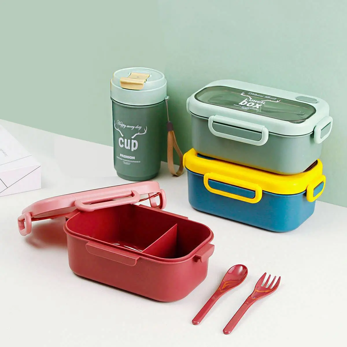 Rectangular Single-layer Multi Compartment 1000ml Sealed Lunch Box, 500ml Water Bottle 1