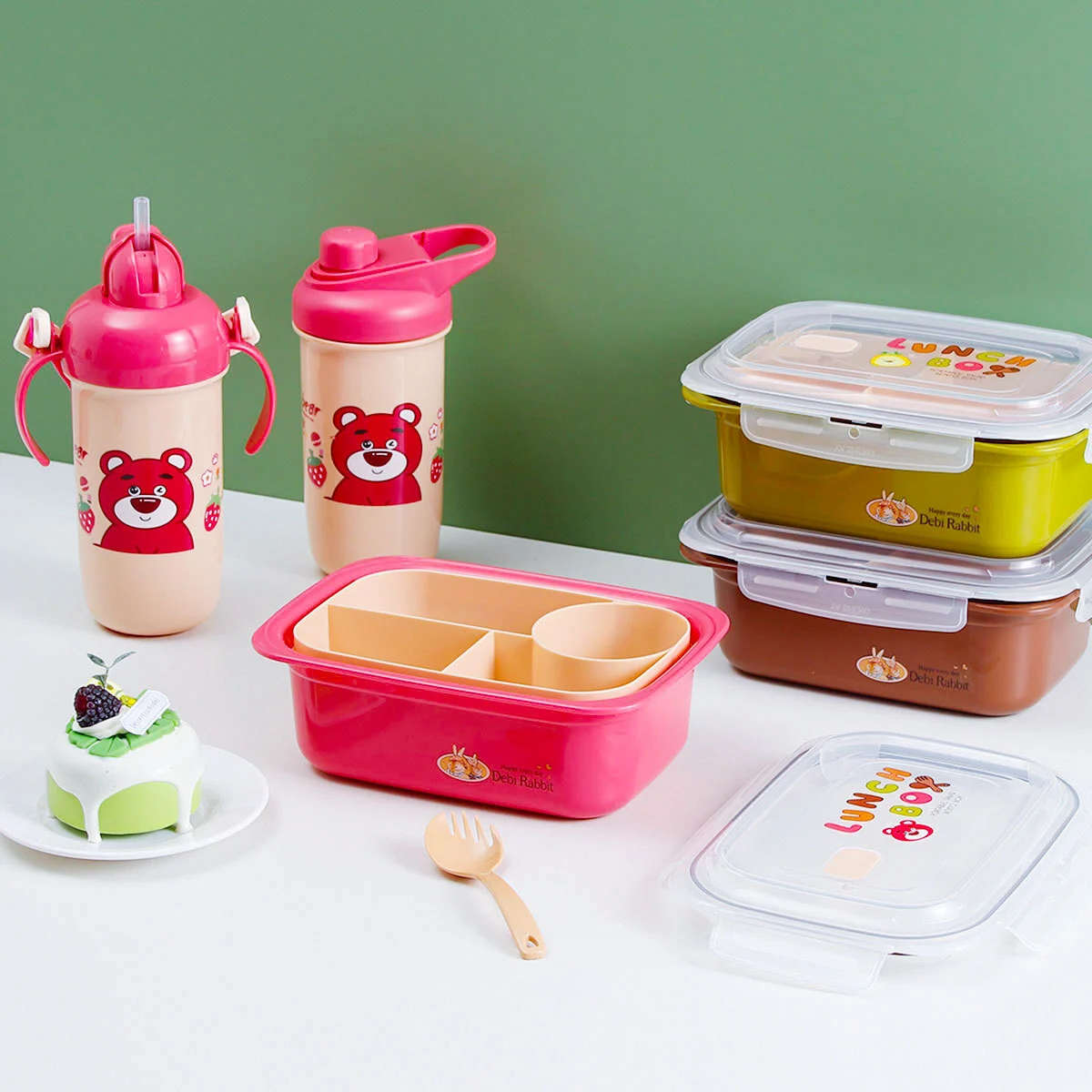 Cartoon Double-layer Lunch Box, Plastic Cartoon Teddy Bear Lunch Box for Elementary School Students 1