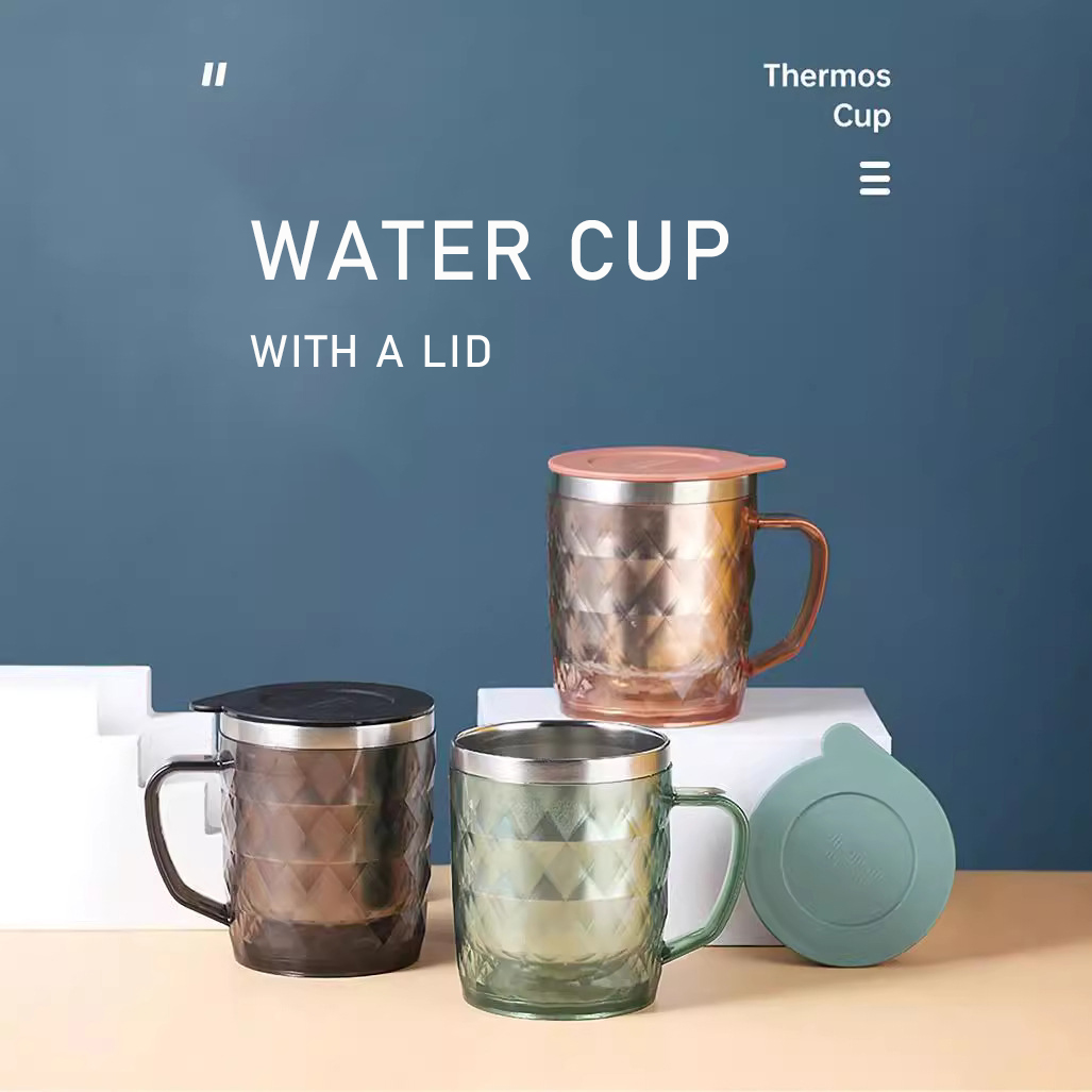 Stainless Steel Diamond Patterned Water Cup with Lid, Crystal Clear Beer Cup 2