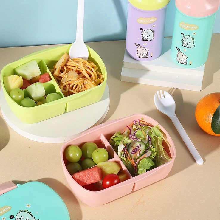 HongXing Microwavable Bento Lunch Box, Cartoon Three-Compartment Lunch Box & Milk Tea Bottle 1