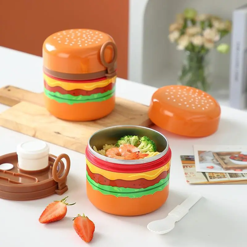 HongXing Creative Hamburger Stainless Steel Lunch Box | Insulated 2-Tier Bento Container 1
