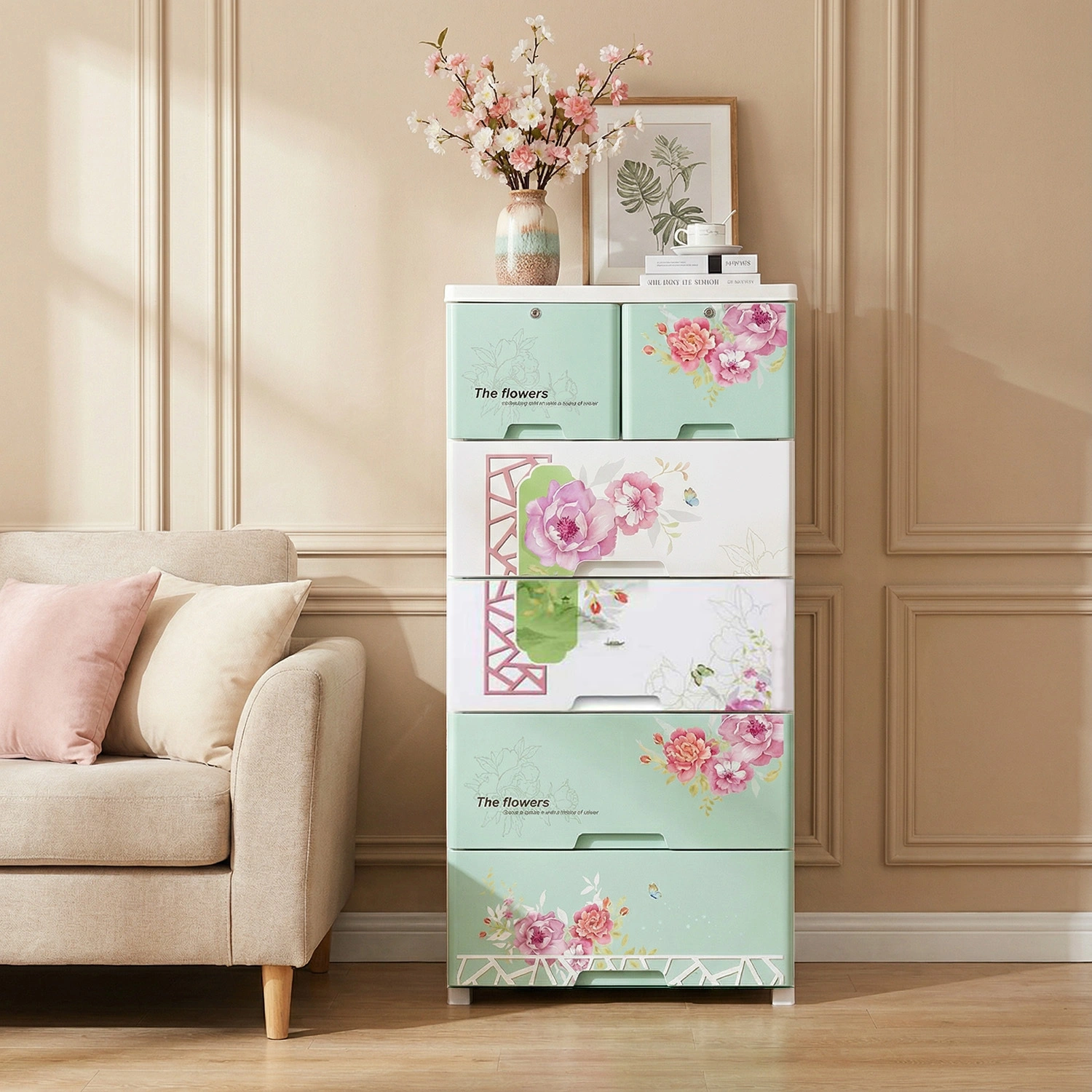 Hongxing Multi Layers Storage Plastic Cabinet, Chinese Classical Floral Storage Cabinet 1
