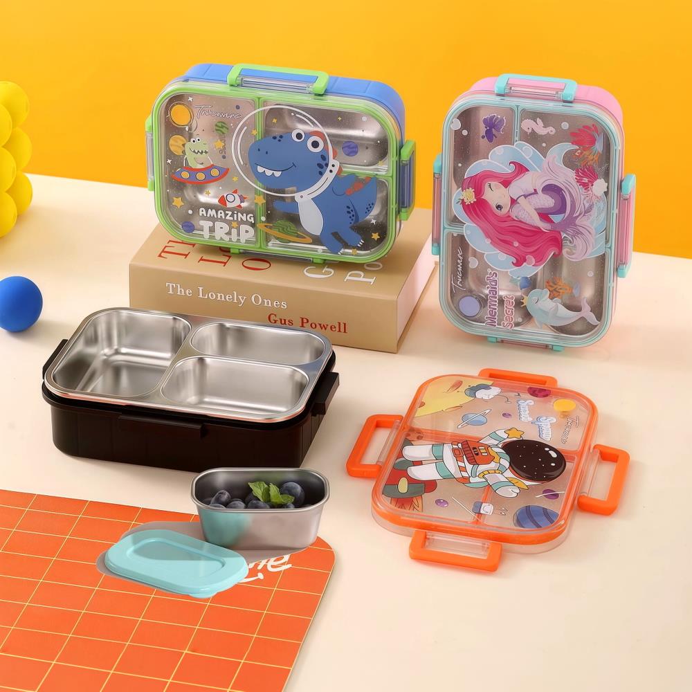 304 Stainless Steel Lunch Box — 3 Compartments, Individual Sealed Lids & Cute Cartoon Design 1
