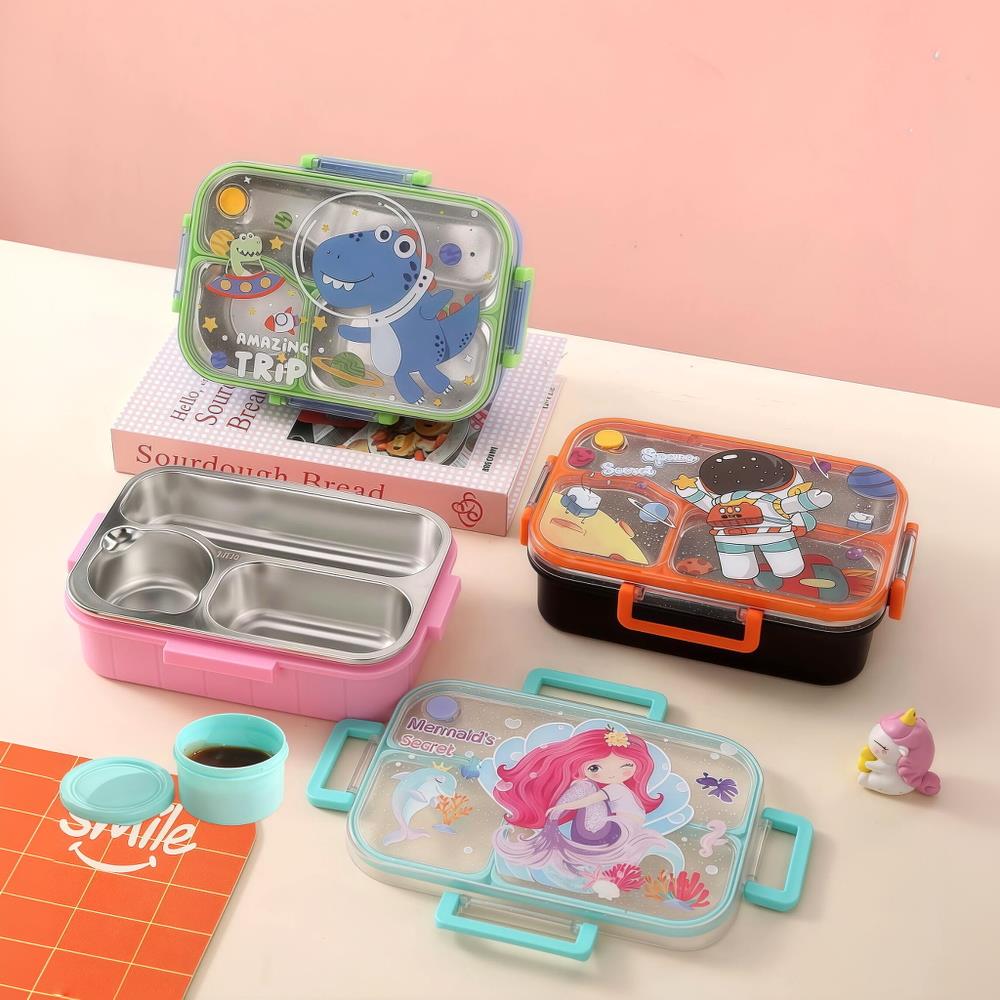 304 Stainless Steel Lunch Box — 3 Compartments, Individual Sealed Lids & Cute Cartoon Design 2